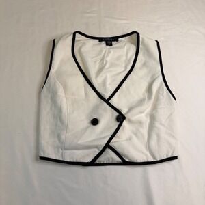 Tullea Womens White Cropped Vest Black Trim Double Breasted Textured Small